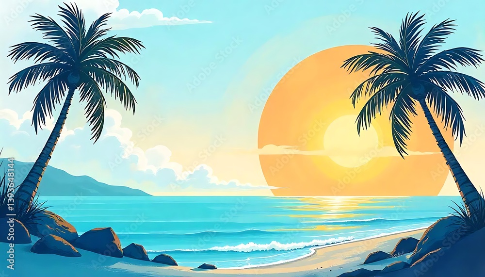 Obraz premium Artistic summertime background with palm trees, sun and sky. Artistic brush strokes textured wallpaper design, created with generative ai