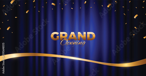 Blue curtain with gold confetti background. Elegant grand opening banner.