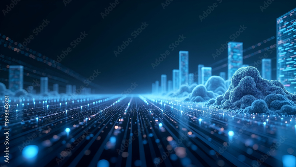 Fototapeta premium Futuristic Minimalist Wallpaper: Dynamic AI Patterns & Algorithmic Integration in Expansive Digital Landscapes for Modern Automation