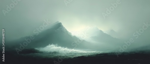 Misty Mountain Seascape  Dramatic Ocean Waves Crashing Against Foggy Peaks