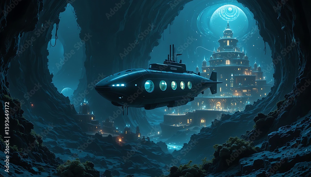 Fototapeta premium Submarine Exploring Mystical Underwater City with Glowing Lights and Futuristic Architecture