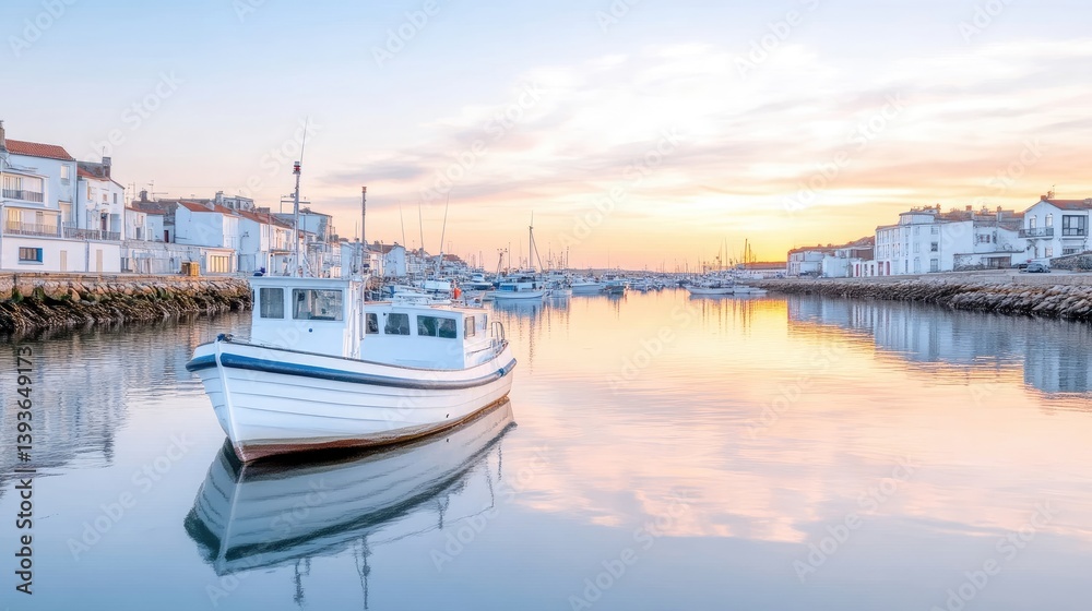 Tranquil harbor at dawn. Calm waters reflect buildings Tranquil harbor at dawn. Calm waters reflect buildings