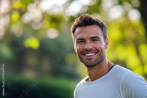 A smiling man in nature showcasing a friendly expression