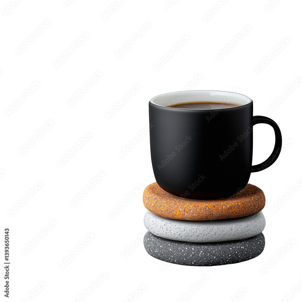 Black ceramic mug on a stack of three round coasters in earthy colors, isolated on a transparent background