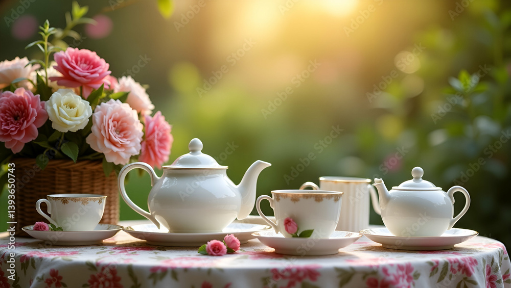 Enchanting Garden Tea Experience: Capture Serene Relaxation with Vintage Teaware, Floral Backdrops, and Natural Light for Outdoor Leisure and Social Gatherings - Photo Stock Concept Enchanting Garden Tea Experience: Capture Serene Relaxation with Vintage Teaware, Floral Backdrops, and Natural Light for Outdoor Leisure and Social Gatherings - Photo Stock Concept