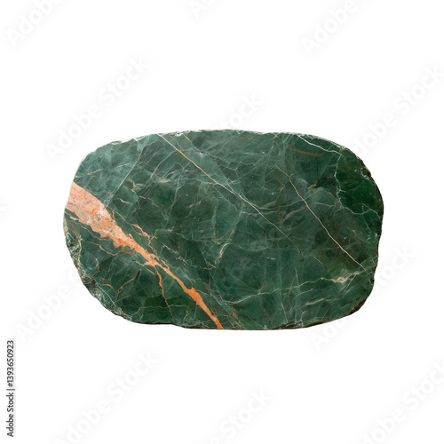 Oval shaped green marble slab with unique veining, isolated on a transparent background