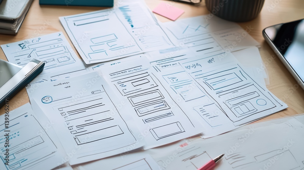 Workspace setup for app development with organized folders, wireframes, and stylus pen Workspace setup for app development with organized folders, wireframes, and stylus pen
