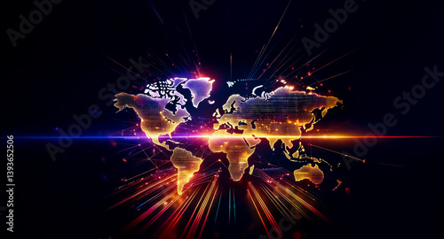 Illuminated world map in vibrant colors against a dark backdrop.  Light rays emanate outwards creating a dynamic and global effect.