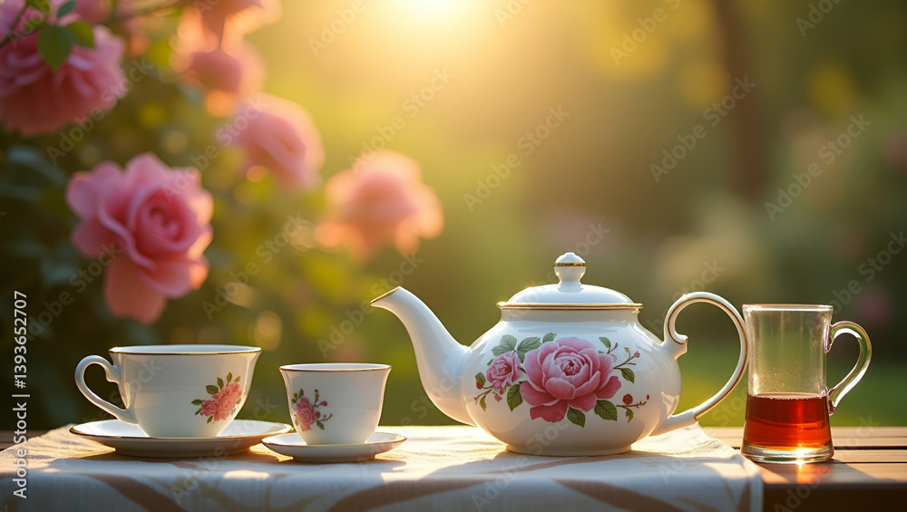 Capture an enchanting tea in a garden setting with refined floral backdrops dynamic vintage teaware and sophisticated natural light that evoke serene relaxation cultural tradition and refined elegance Capture an enchanting tea in a garden setting with refined floral backdrops dynamic vintage teaware and sophisticated natural light that evoke serene relaxation cultural tradition and refined elegance