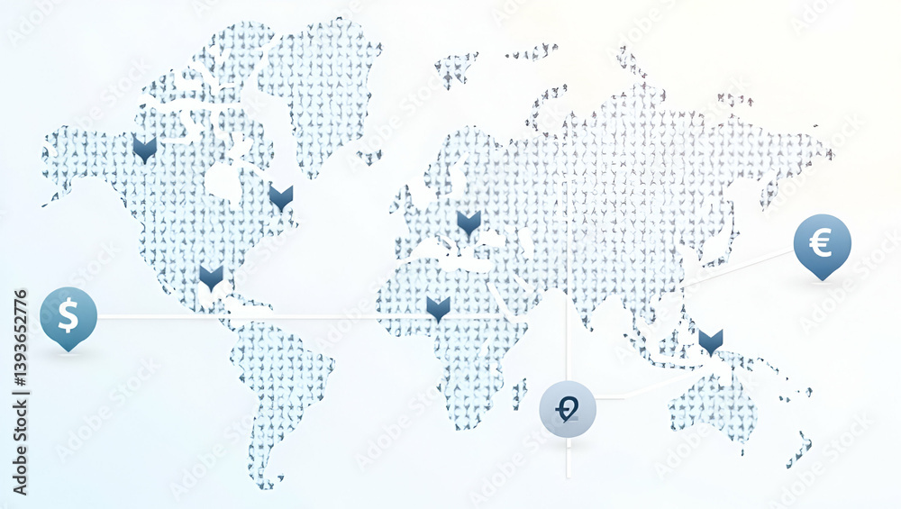 Fototapeta premium Flat Minimalist wallpaper design featuring sleek abstract visuals with dynamic digital network grids and futuristic icons representing secure global currency transfer with modern digital arrows and cu