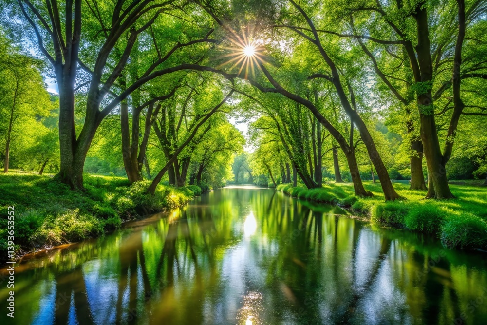 Tranquil Riverbank Oasis Majestic Trees Frame a Gentle Stream Perfect for Relaxation and Nature Photography Tranquil Riverbank Oasis Majestic Trees Frame a Gentle Stream Perfect for Relaxation and Nature Photography