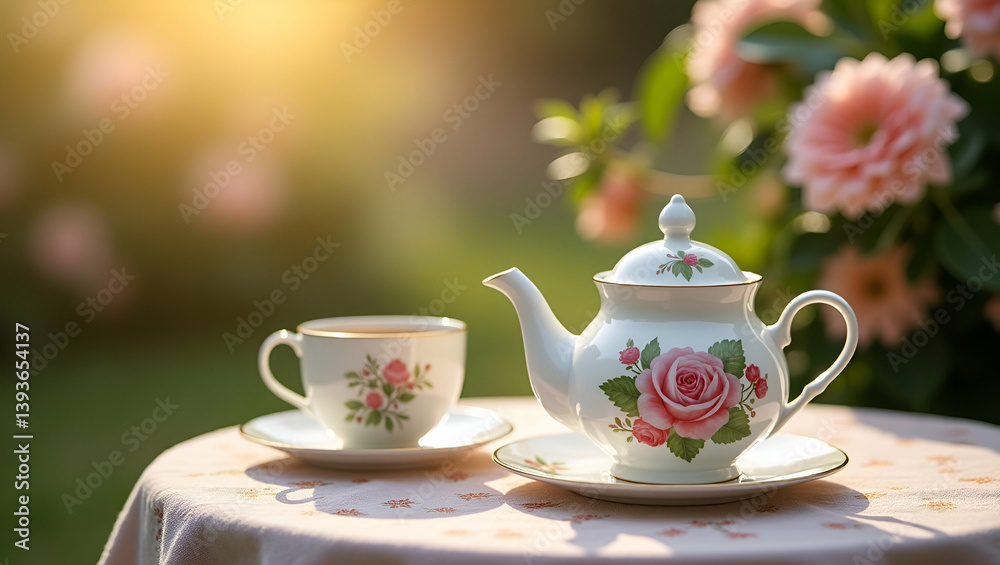 Enchanting Garden Tea Experience: Capture Serene Relaxation with Vintage Teaware, Floral Backdrops, and Natural Light for Outdoor Leisure and Social Gatherings - Photo Stock Concept Enchanting Garden Tea Experience: Capture Serene Relaxation with Vintage Teaware, Floral Backdrops, and Natural Light for Outdoor Leisure and Social Gatherings - Photo Stock Concept