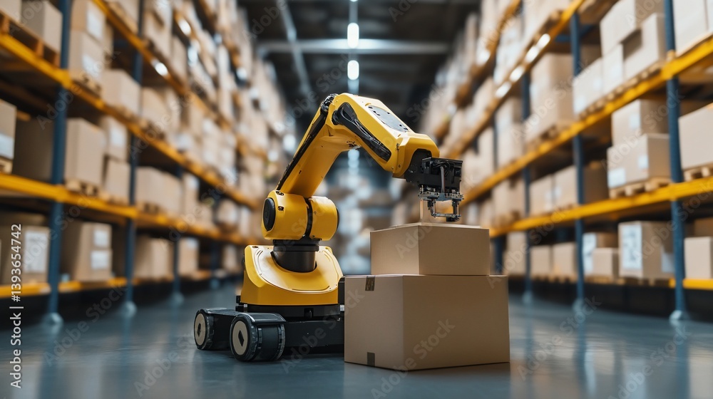 Fototapeta premium Automated robotic arm placing cardboard boxes in a modern storage facility