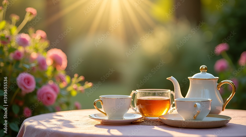 Fototapeta premium Capture an enchanting tea in a garden setting, featuring vintage teaware and floral backdrops, evoking relaxation and elegance for intimate gatherings among connoisseurs.
