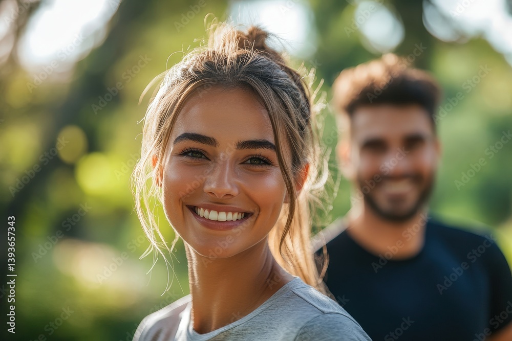 Smiling woman in front of a blurred out happy looking man Smiling woman in front of a blurred out happy looking man