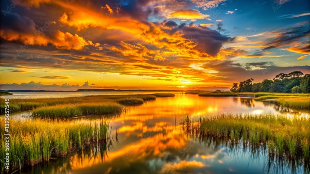Obraz premium A Tranquil Lowcountry Marsh Sunset Capturing the Serene Beauty of Coastal Landscapes