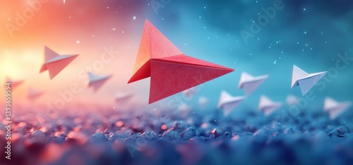 Red Paper Airplane Leading White Fleet in Business Strategy Shift for Future Leadership