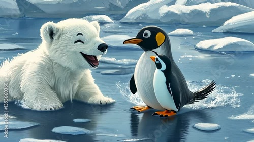 Polar bear cub and penguins frolicking in arctic waters: a delightful digital painting