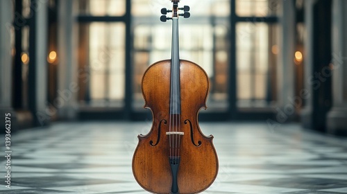 A cello stands in a grand hall.