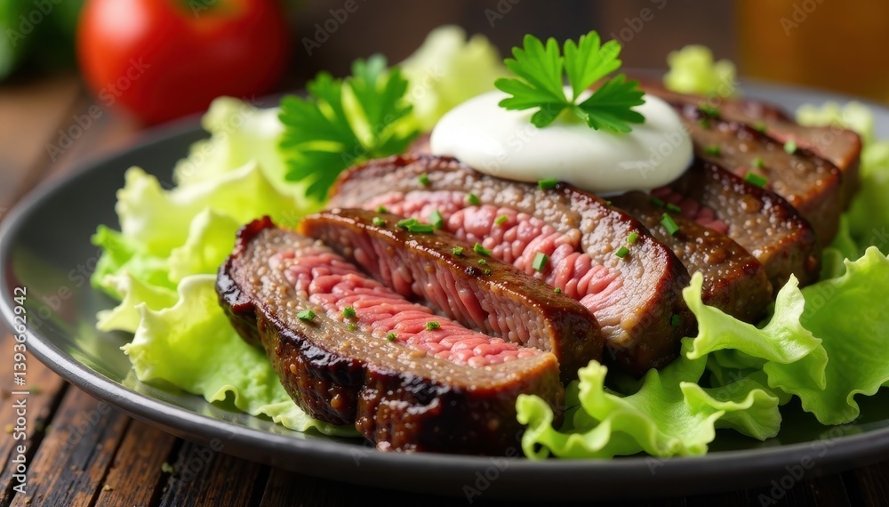 Sliced steak served on a bed of shredded lettuce and sour cream sauce, garnished with parsley, savory, dinner, comforting Sliced steak served on a bed of shredded lettuce and sour cream sauce, garnished with parsley, savory, dinner, comforting