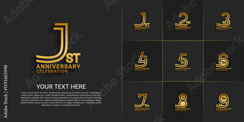 Anniversary logo style double line number set. gold color on black background for celebration event
