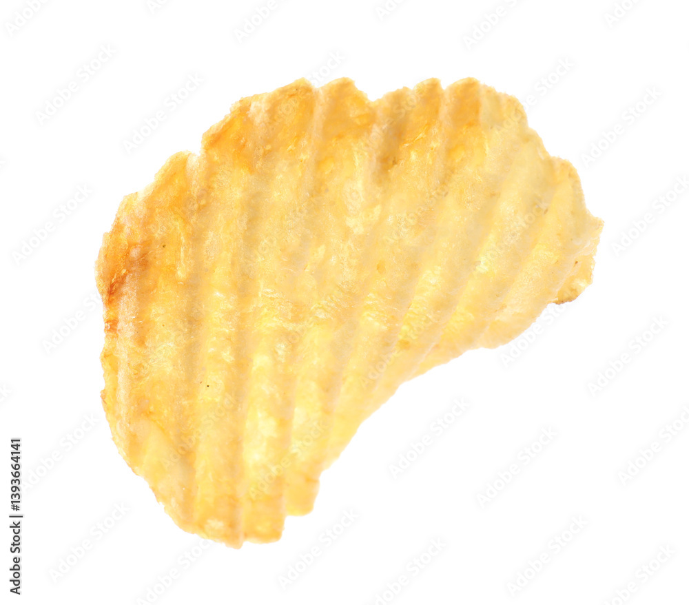 One tasty ridged potato chip in air isolated on white One tasty ridged potato chip in air isolated on white