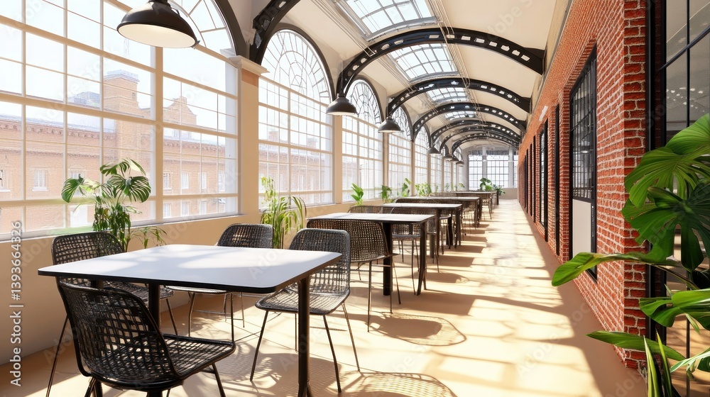 Naklejka premium An interior view of a modern cafe dining area