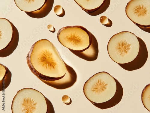 Floating licorice root slices on clean golden gradient artistic still life elegant presentation studio environment