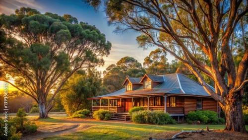 Australian Outback Home, Gum Tree Landscape, Rural Idyll, Candid Photography, Scenic Bush Home