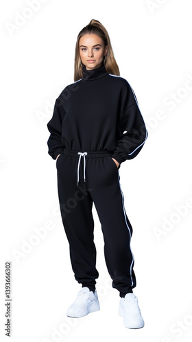 Young woman in black athleisure outfit standing with hands in pockets, isolated on a transparent background, exuding comfort and confidence in casual wear.