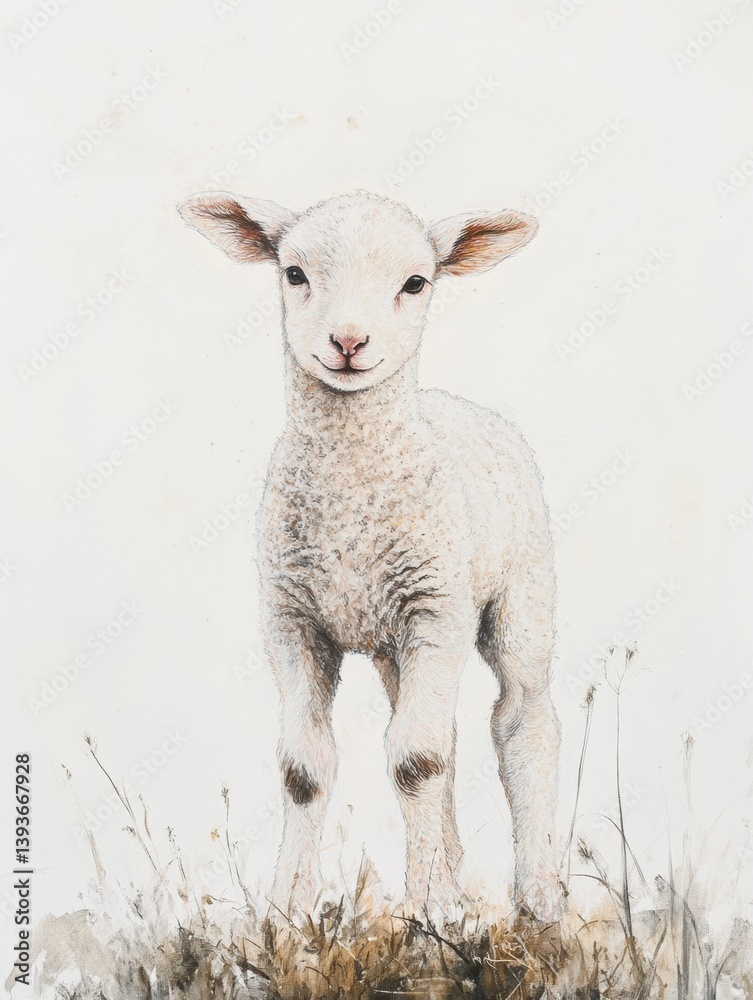 Fototapeta premium Lamb standing gracefully in a lush grass patch against a soft white background blending harmoniously with the surroundings