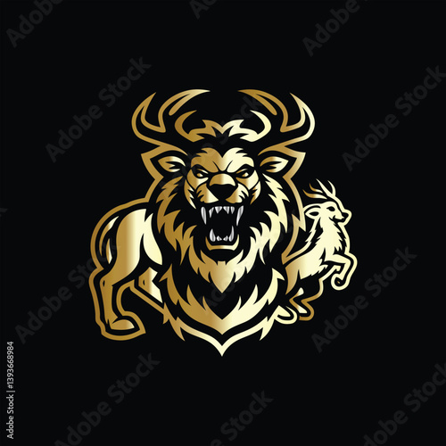 hunting hunter with gun and forest vector logo design template on black background. Lion and deer logo design vector template on black background. Vector illustration.