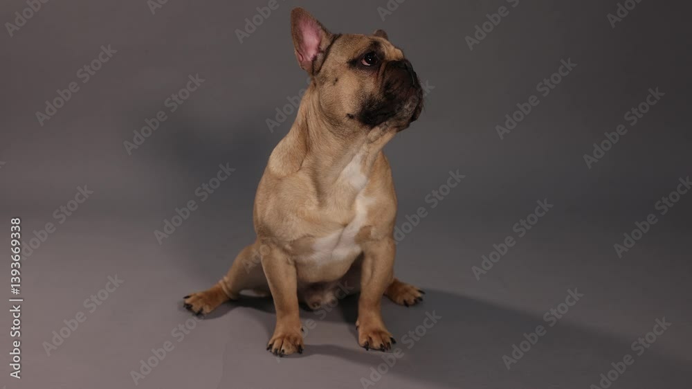 Adorable French bulldog dog on grey background Adorable French bulldog dog on grey background
