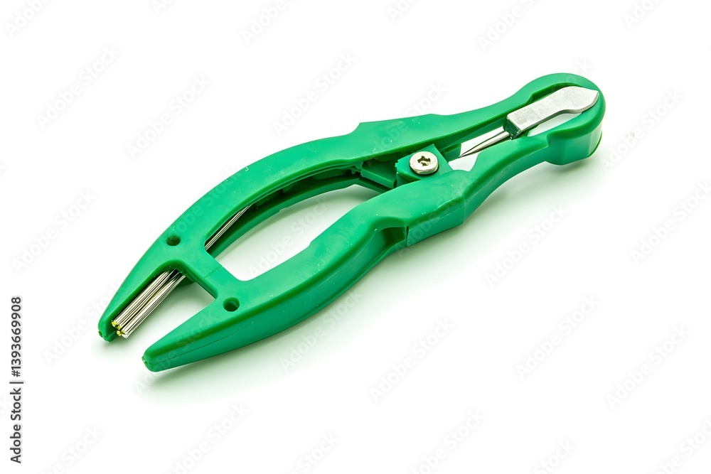 Green Plastic Staple Remover Tool with Metal Edges on a White Background Green Plastic Staple Remover Tool with Metal Edges on a White Background