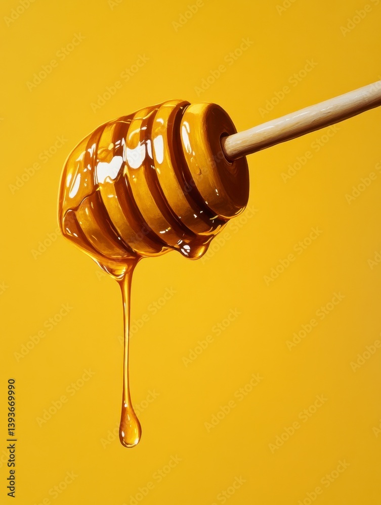 Honey Dripping From Dipper with Golden Liquid Against a Yellow Background Honey Dripping From Dipper with Golden Liquid Against a Yellow Background