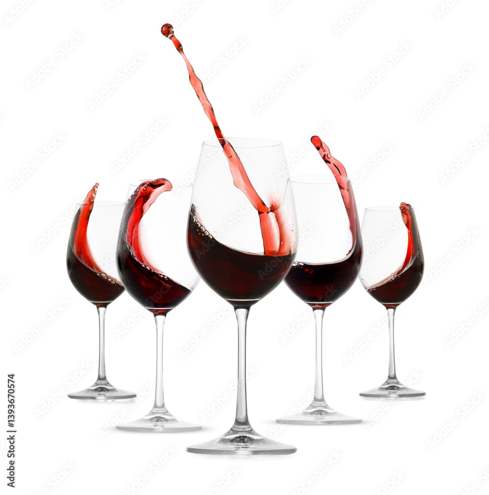 Red wine splashing in glasses on white background, set