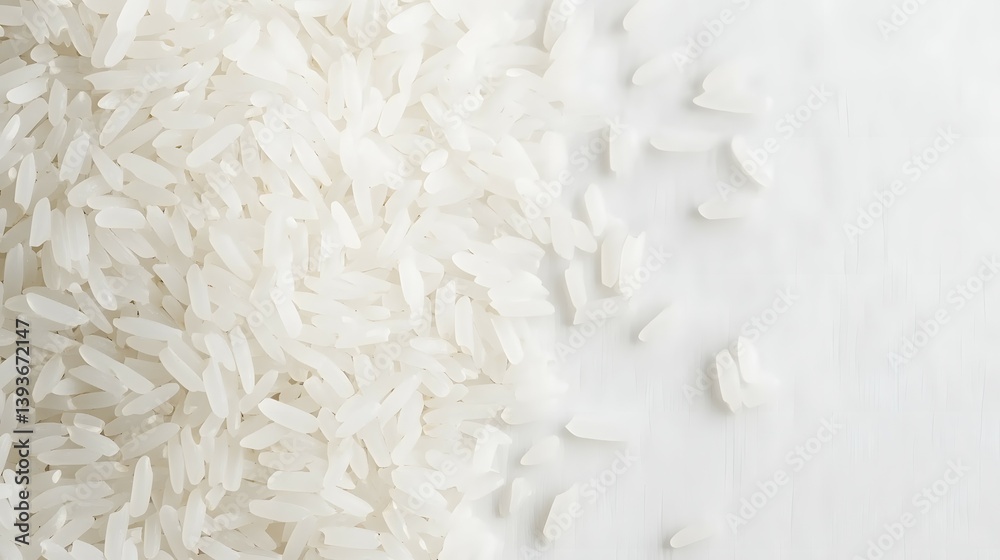 Overhead View Uncooked Long Grain Rice Texture Pattern on a White Background Overhead View Uncooked Long Grain Rice Texture Pattern on a White Background
