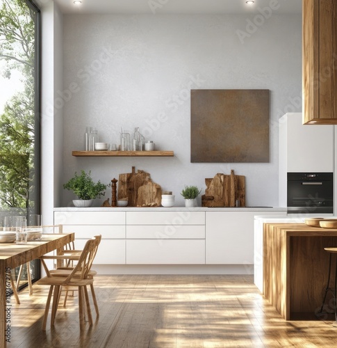 Modern Minimalist Kitchen Scandinavian Design Natural Lighting Interior Poster Frame Mockup 3D Render