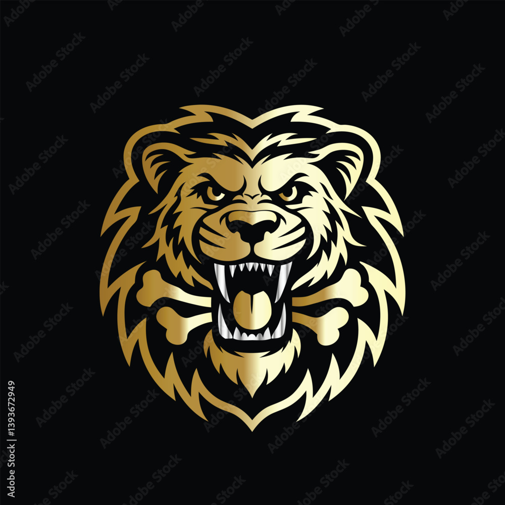 Fototapeta premium hunting hunter with gun and forest vector logo design template on black background. Lion and deer logo design vector template on black background. Vector illustration.