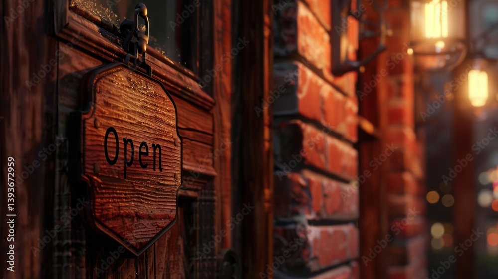 Rustic Wooden Open Sign on a Brick Wall Exterior