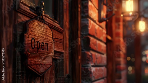 Obraz na płótnie Rustic Wooden Open Sign on a Brick Wall Exterior w salonie