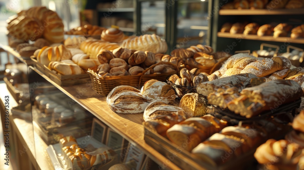 Bakery Display with Assorted Fresh Bread and Pastries