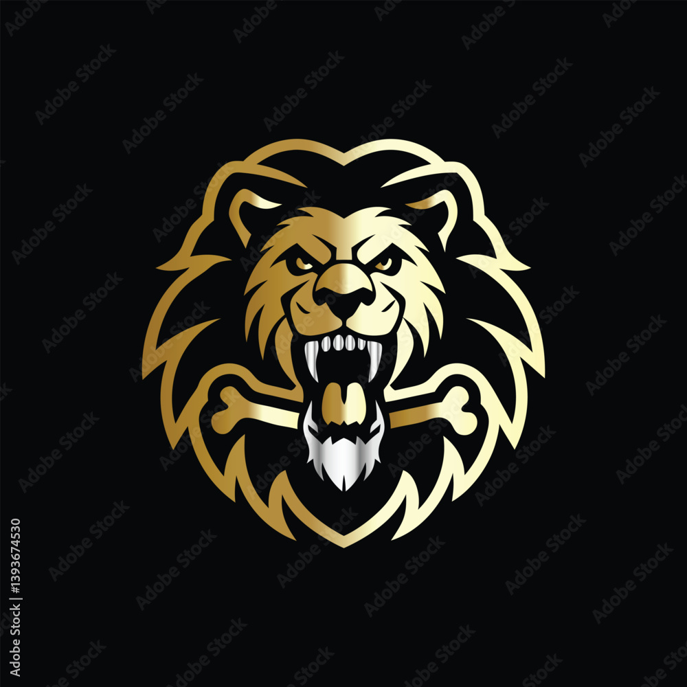 Fototapeta premium hunting hunter with gun and forest vector logo design template on black background. Lion and deer logo design vector template on black background. Vector illustration.