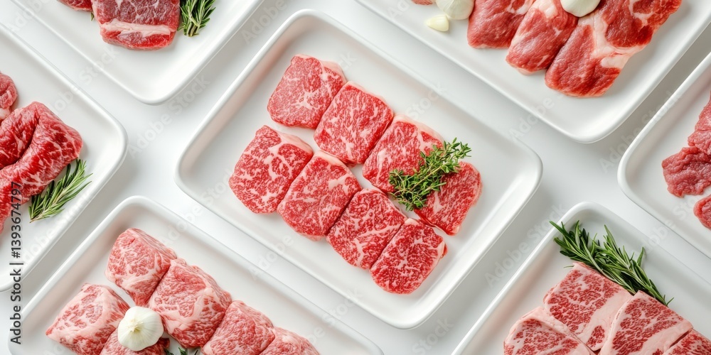 Assorted marbled wagyu beef cuts on white trays with herbs Assorted marbled wagyu beef cuts on white trays with herbs