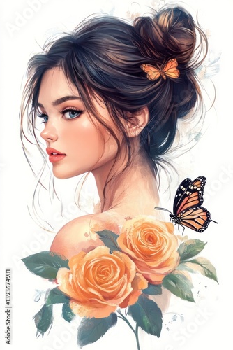 A beautiful woman with flowers and butterflies looking to the side