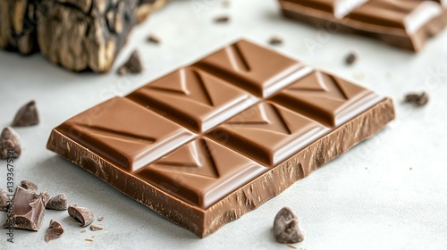 Close-up of a milk chocolate bar with chocolate chips scattered around it on a light gray surface.