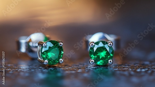 Close-up of a pair of elegant emerald stud earrings on a dark surface.