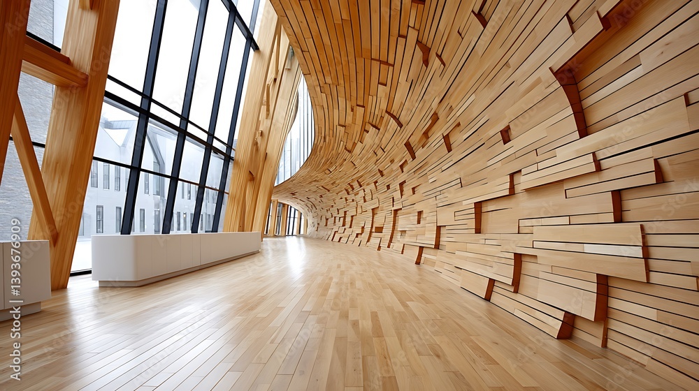 Obraz premium Abstract Angled Shot of a Curved Wooden Wall and Ceiling in a Modern Architectural Space