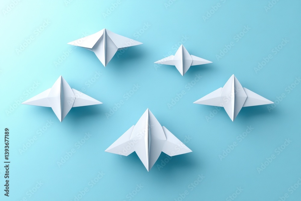 Group of White Paper Planes in Circle with One Red Plane on Blue Background for Business Innovation and Creativity Group of White Paper Planes in Circle with One Red Plane on Blue Background for Business Innovation and Creativity
