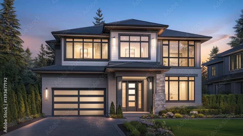 A modern house design illuminated in twilight against the blue sky A modern house design illuminated in twilight against the blue sky